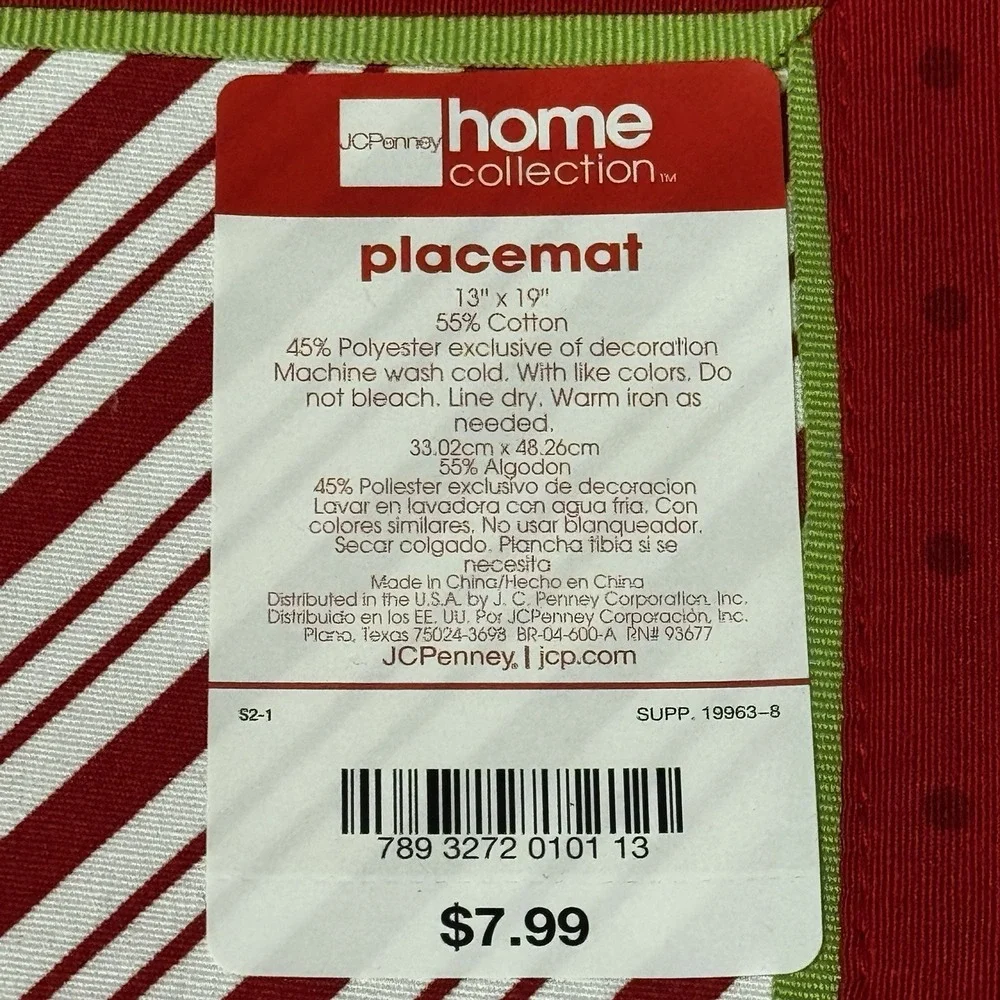 Set 6 JCPenny Christmas Placemats Reversible Red White Candy Cane Stripe Festiva